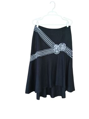 Adrianna Papell Black Floral Applique Linen Rayon High Low Hem Skirt Size 10